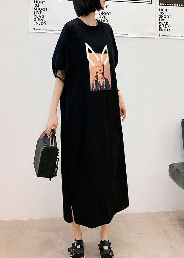 Unique Black O-Neck Puff Sleeve Summer Character Long Dress - SooLinen
