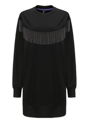 Unique Black O-Neck Tassel Sequins Cotton Mid Dresses Long Sleeve