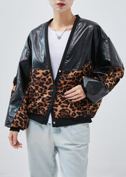 Unique Black Oversized Patchwork Leopard Faux Leather Coats Spring