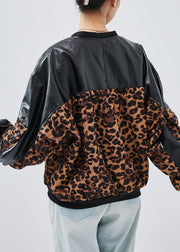 Unique Black Oversized Patchwork Leopard Faux Leather Coats Spring
