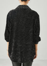 Unique Black Oversized Striped Nail Bead Velour Top Spring