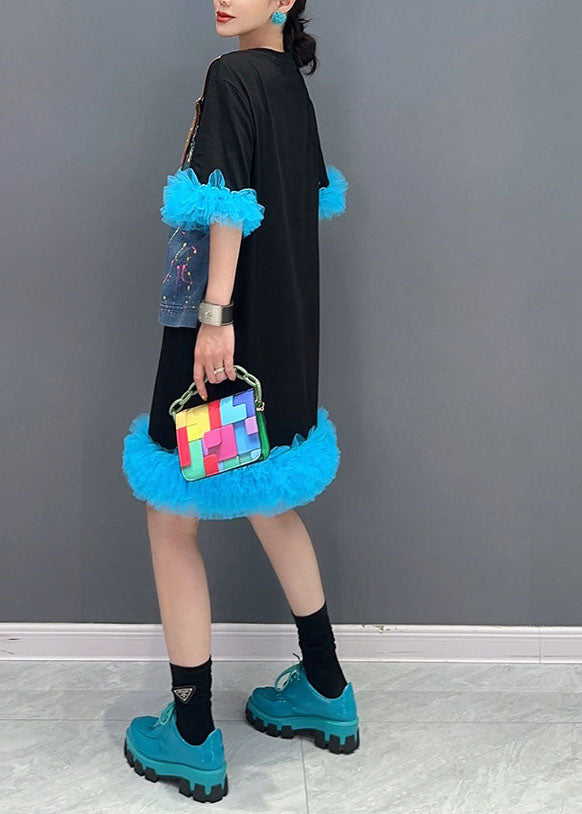Unique Black Patchwork Blue O-Neck Tulle Mid Dresses Summer