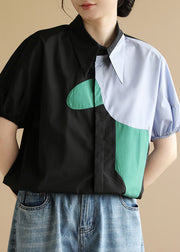Unique Black Peter Pan Collar Asymmetrical Design Patchwork Cotton Shirt Puff Sleeve