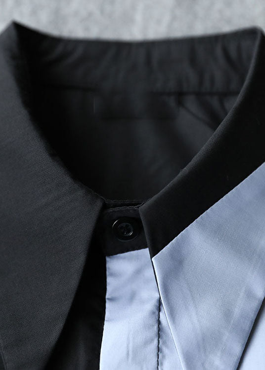 Unique Black Peter Pan Collar Asymmetrical Design Patchwork Cotton Shirt Puff Sleeve