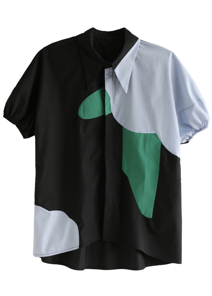 Einzigartiger schwarzer Peter-Pan-Kragen, asymmetrisches Design, Patchwork-Baumwollhemd mit Puffärmeln