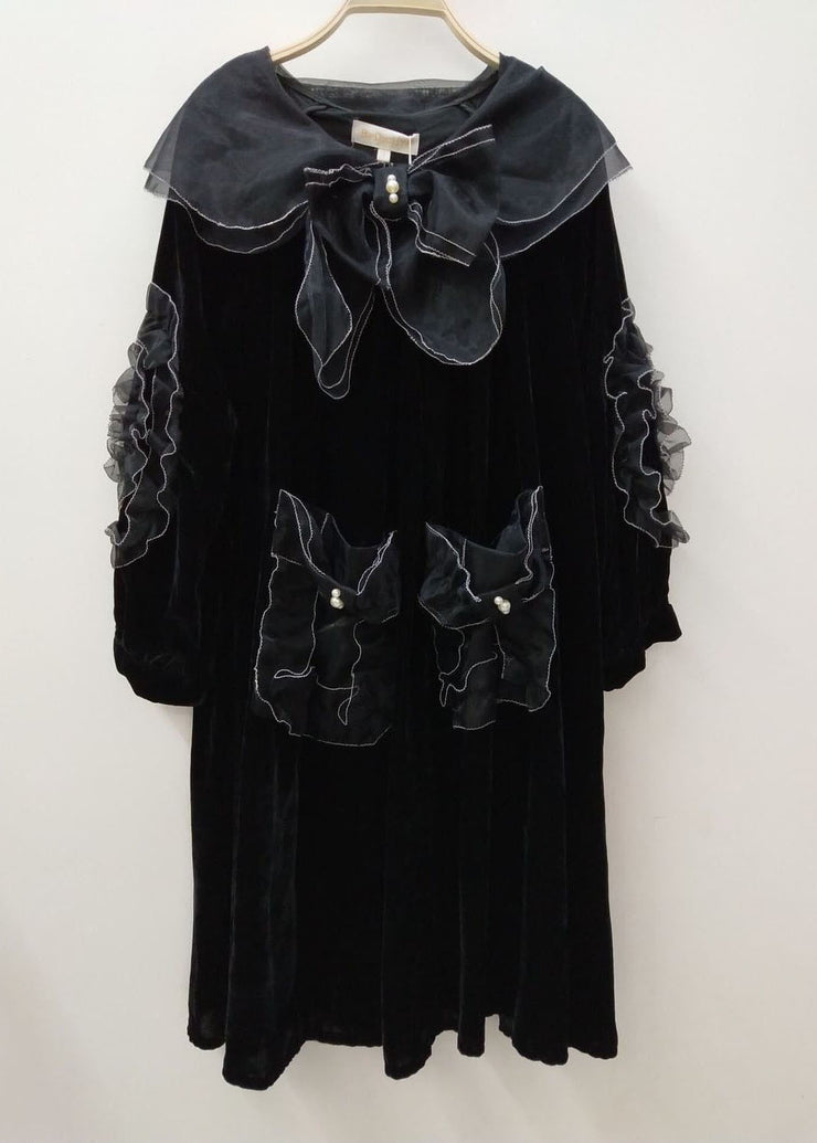 Unique Black Peter Pan Collar Organza Patchwork Silk Velour A Line Dresses Spring