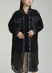 Unique Black Peter Pan Collar Pockets Patchwork Chiffon UPF 50+ Coats Summer