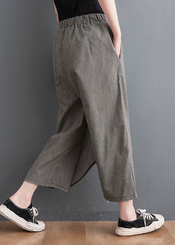 Unique Black Plaid Asymmetrical Design Cotton Crop Pants Summer