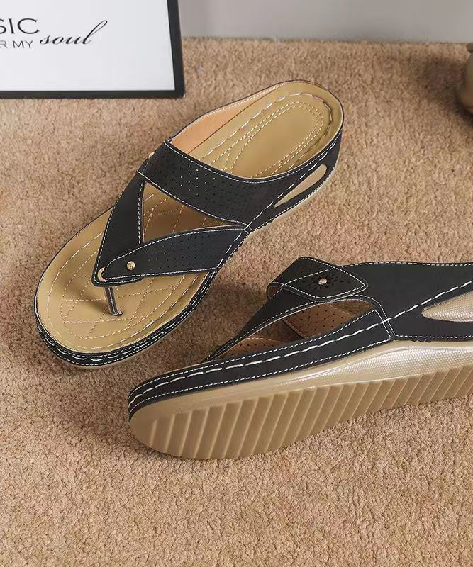 Unique Black Plus Size Splicing Wedge Thong Sandals Faux Leather