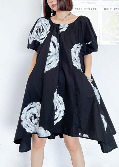 Unique Black Print O neck Cotton Puff Sleeve Mini Dress summer - SooLinen