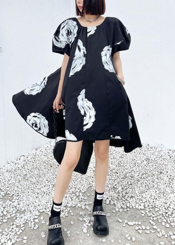 Unique Black Print O neck Cotton Puff Sleeve Mini Dress summer - SooLinen