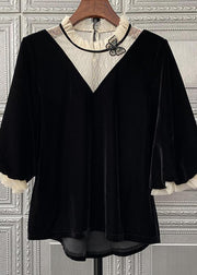 Unique Black Ruffled Lace Patchwork Velour Shirt Top Fall