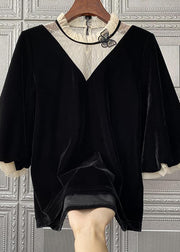 Unique Black Ruffled Lace Patchwork Velour Shirt Top Fall