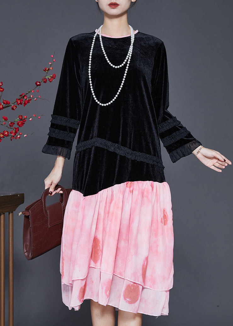 Unique Black Ruffled Patchwork Silk Velvet Dress Spring
