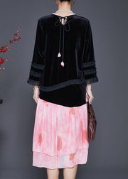 Unique Black Ruffled Patchwork Silk Velvet Dress Spring
