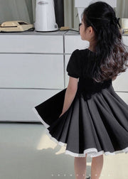 Unique Black Square Collar Lace Patchwork Button Cotton Girls Party Maxi Dress Short Sleeve
