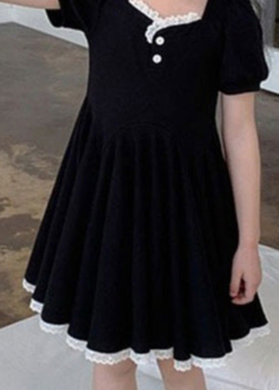 Unique Black Square Collar Lace Patchwork Button Cotton Girls Party Maxi Dress Short Sleeve