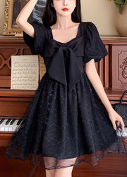 Unique Black Square Collar Patchwork Bow Tulle Mid Dresses Summer