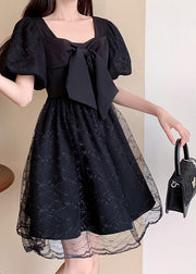 Unique Black Square Collar Patchwork Bow Tulle Mid Dresses Summer