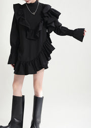 Unique Black Stand Collar Asymmetrical Design Cotton Blouse Top Fall