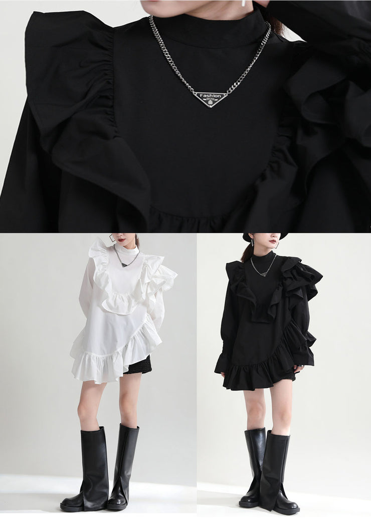 Unique Black Stand Collar Asymmetrical Design Cotton Blouse Top Fall
