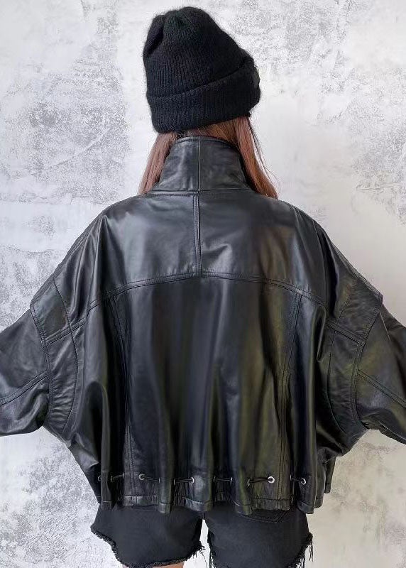 Unique Black Stand Collar Cinched Patchwork Faux Leather Jacket Fall
