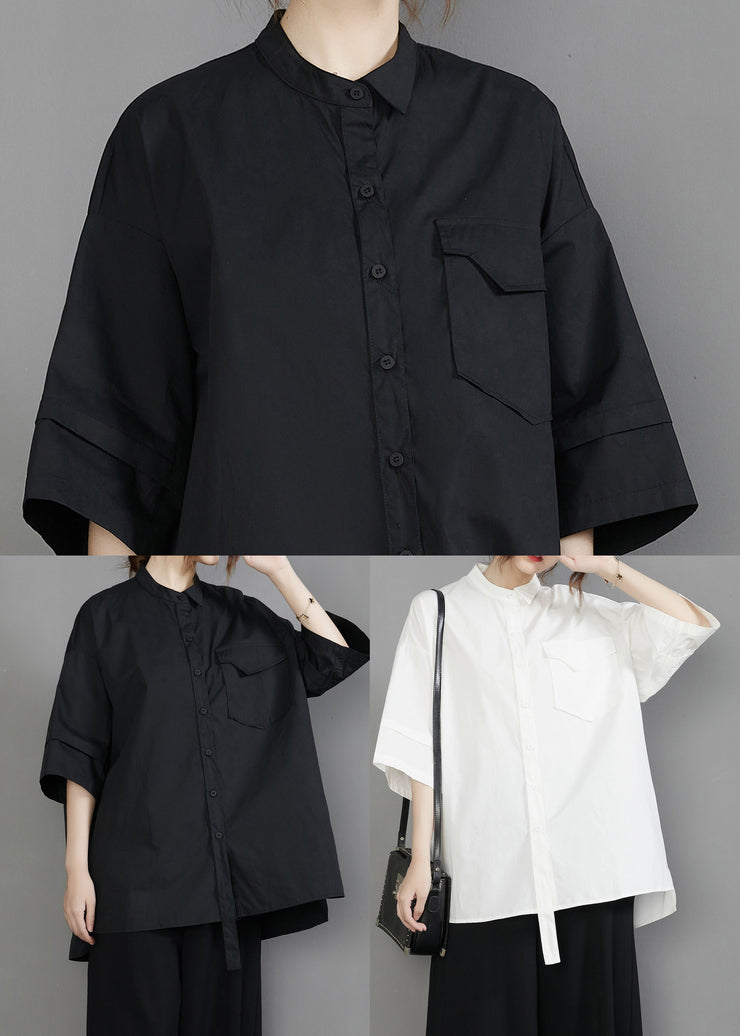 Unique Black Stand Collar Oversized Cotton Blouse Top Half Sleeve