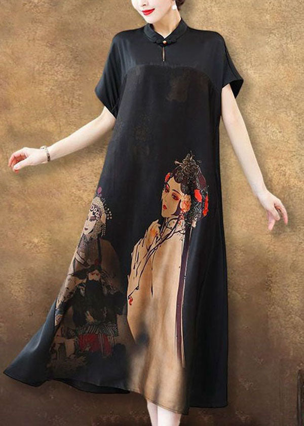 Unique Black Stand Collar Patchwork Print Silk Long Dress Summer