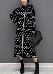 Unique Black Stand Collar White Striped Patchwork Knit Long Dress Fall