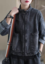 Unique Black Stand Collar Zippered Patchwork Pockets Cotton Denim Coats Long Sleeve