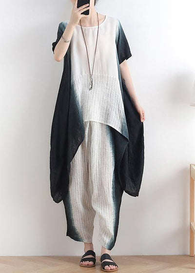 Unique Black Tie Dye Linen Short Sleeve Women Sets two Pieces - SooLinen
