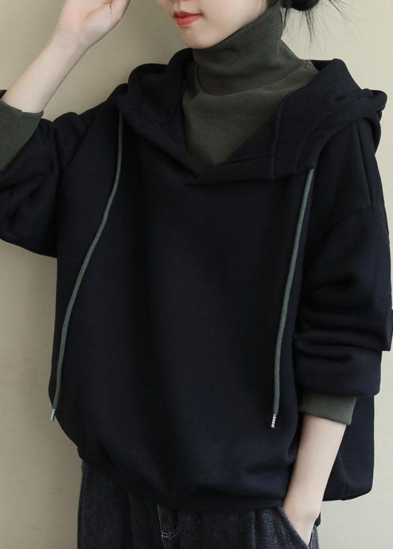 Einzigartiges schwarzes Rollkragen-Kordelzug-warmes Fleece-Sweatshirt für den Winter