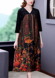 Unique Black V Neck Patchwork Print Silk Velour Long Dress Spring