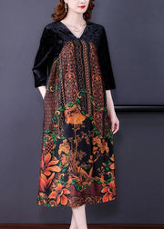 Unique Black V Neck Patchwork Print Silk Velour Long Dress Spring