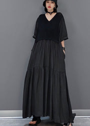 Einzigartige schwarze Patchwork-Kleider mit V-Ausschnitt und halben Ärmeln