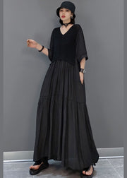 Einzigartige schwarze Patchwork-Kleider mit V-Ausschnitt und halben Ärmeln