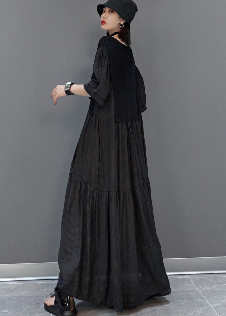 Unique Black V Neck Patchwork long Dresses Half Sleeve