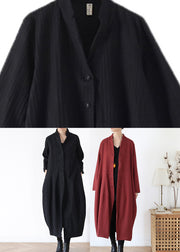 Unique Black V Neck Pockets Linen Trench Coats Long Sleeve