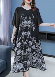 Unique Black V Neck Print Patchwork Chiffon Dress Summer