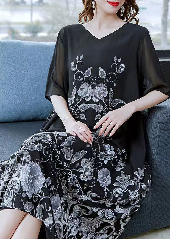 Unique Black V Neck Print Patchwork Chiffon Dress Summer