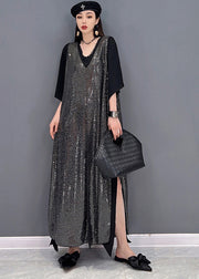Unique Black V Neck Side Open Chiffon Long Dress And Sequins Long Smock Two Pieces Set Summer