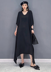 Unique Black V Neck Side Open Chiffon Long Dress And Sequins Long Smock Two Pieces Set Summer