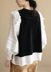 Einzigartiges schwarz-weißes O-Neck-Rüschen-Patchwork-Baumwollgefälschtes zweiteiliges Hemd mit langen Ärmeln