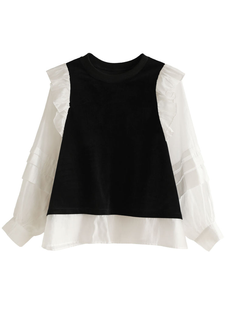 Einzigartiges schwarz-weißes O-Neck-Rüschen-Patchwork-Baumwollgefälschtes zweiteiliges Hemd mit langen Ärmeln