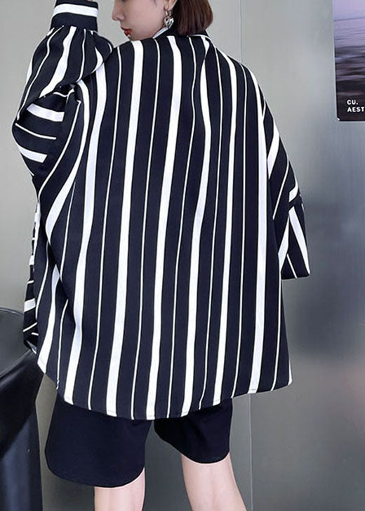 Unique Black White Striped asymmetrical design Casual Fall Blouses Long sleeve