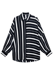 Unique Black White Striped asymmetrical design Casual Fall Blouses Long sleeve