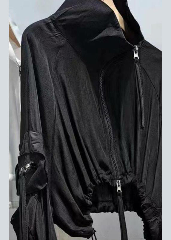 Unique Black Zip Up Drawstring Patchwork Cotton Coats Fall
