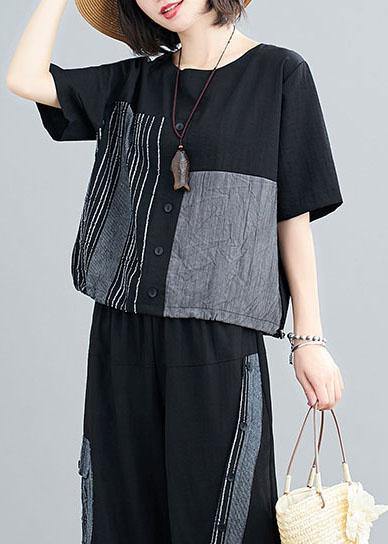Unique Black asymmetrical design Linen Button Summer Two Pieces Set - SooLinen