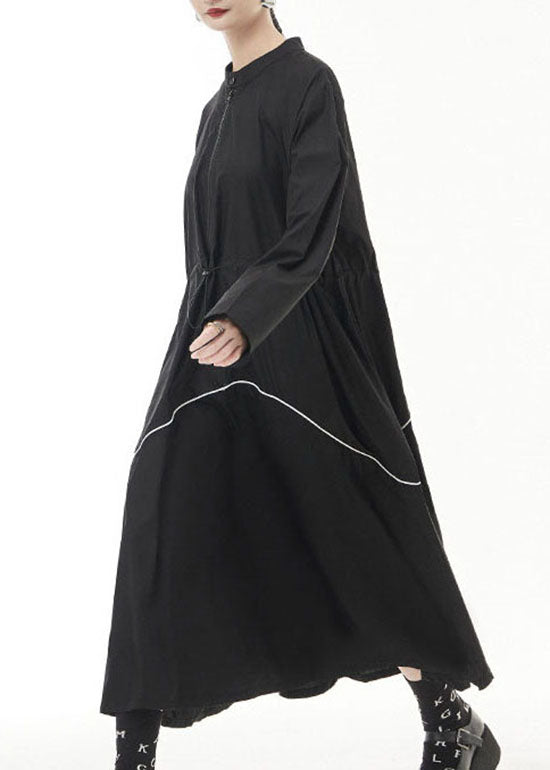 Unique Black drawstring zippered Stand Collar Dress Spring