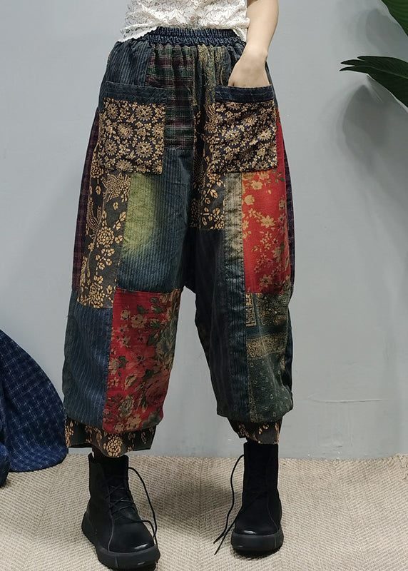 Einzigartige schwarze elastische Taillentasche Patchwork Cotton Pants Spring